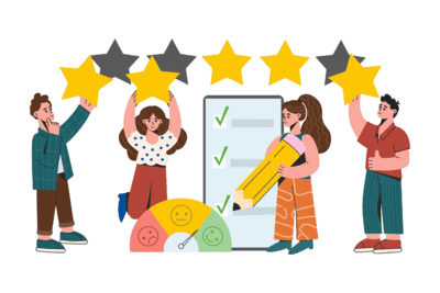 Obraz przedstawiający cztery osoby wystawiające ocenę produktu